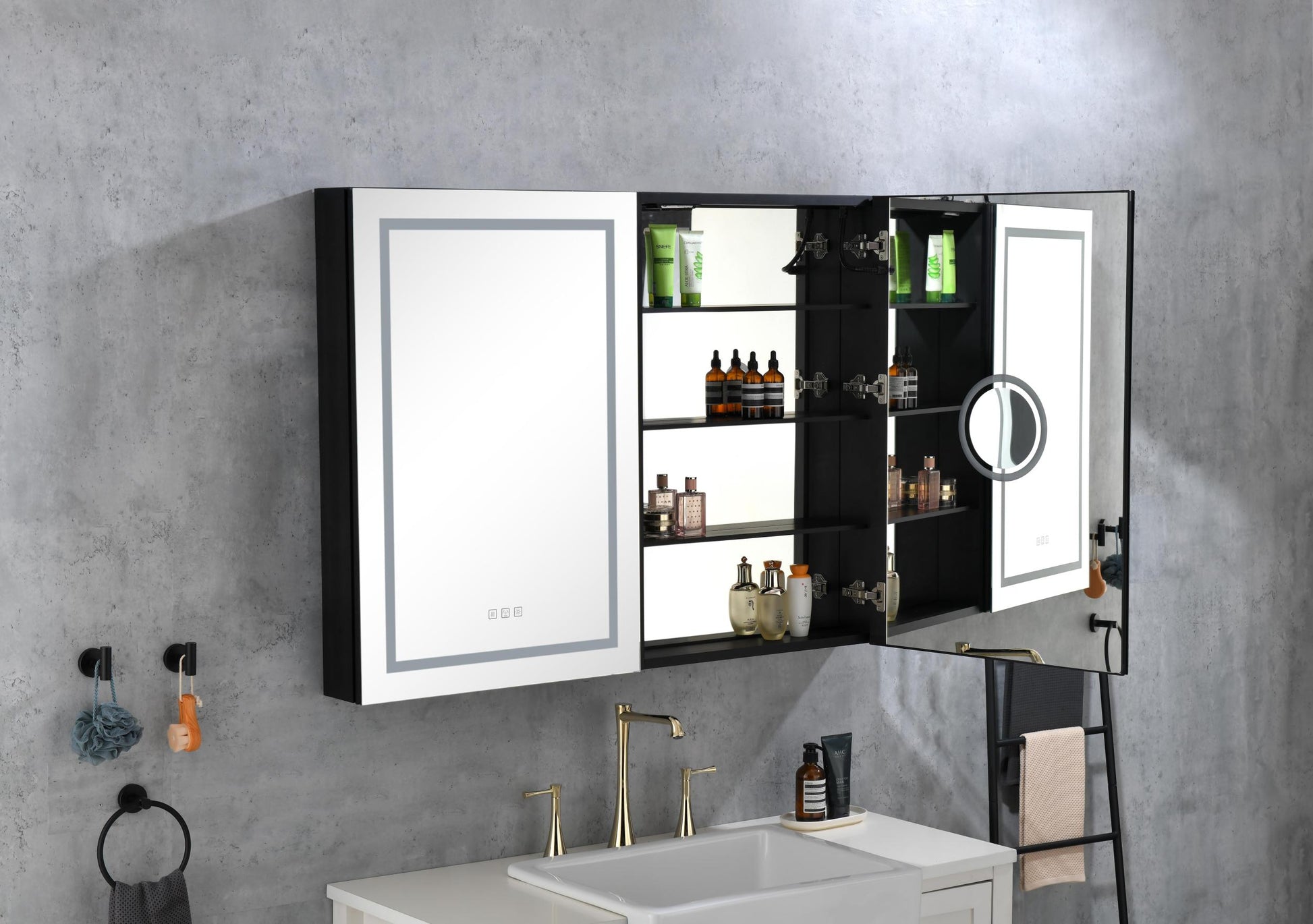 Led Lighted Bathroom Medicine Cabinet With Mirror, Surface Lighted Medicine Cabinet,Dimmable,Adjustable Shelves,Intelligent Switch Medicine Cabinet, Aluminum Frame,Left Opening Door Matt Black Aluminium