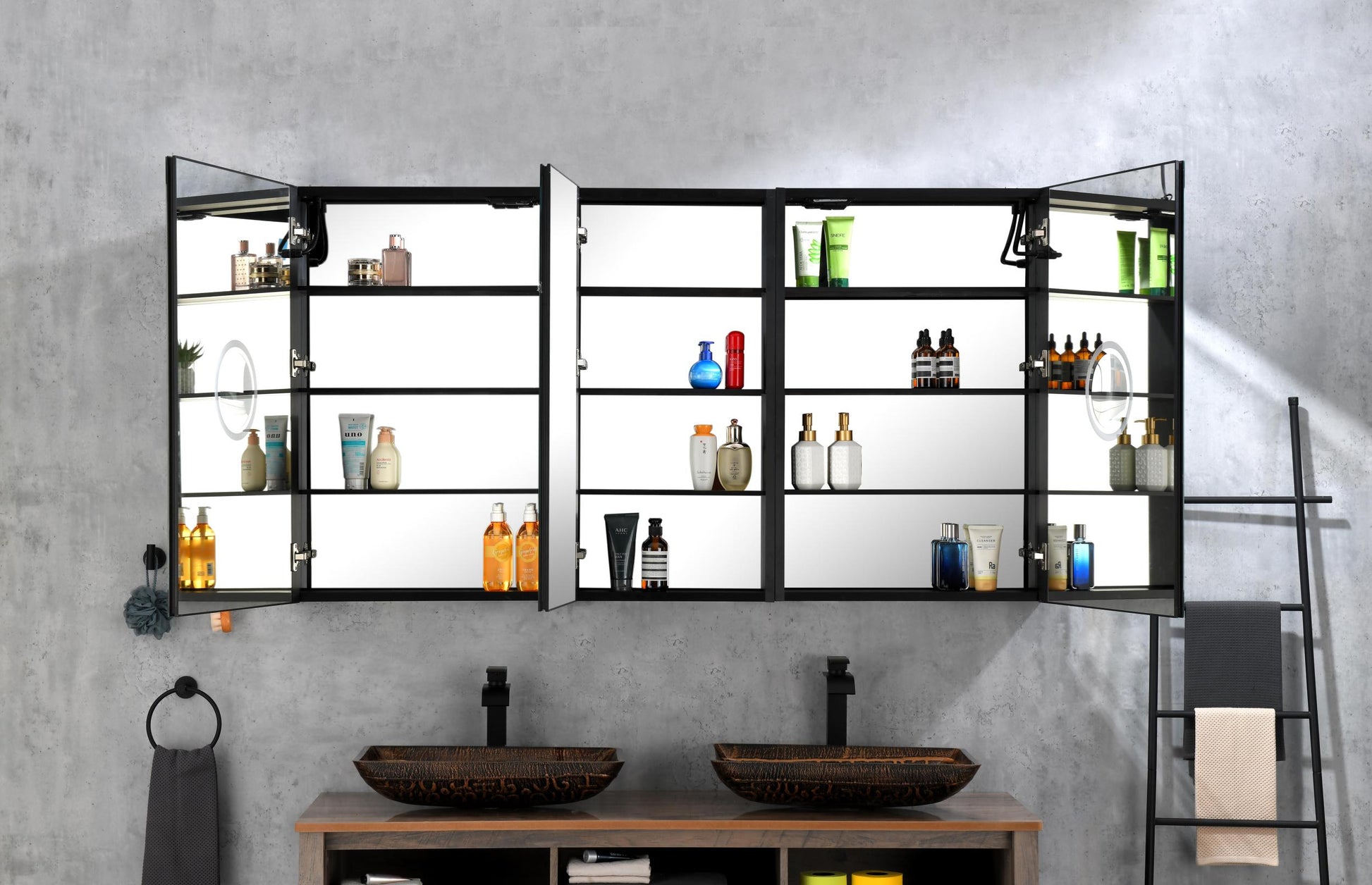 Led Lighted Bathroom Medicine Cabinet With Mirror, Surface Lighted Medicine Cabinet,Dimmable,Adjustable Shelves,Intelligent Switch Medicine Cabinet, Aluminum Frame,Left Opening Door Matt Black Aluminium
