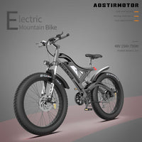 Aostirmotor S18 26" 750W Electric Bike Fat Tire 48V 15Ah Removable Lithium Battery For Adults Black Aluminium