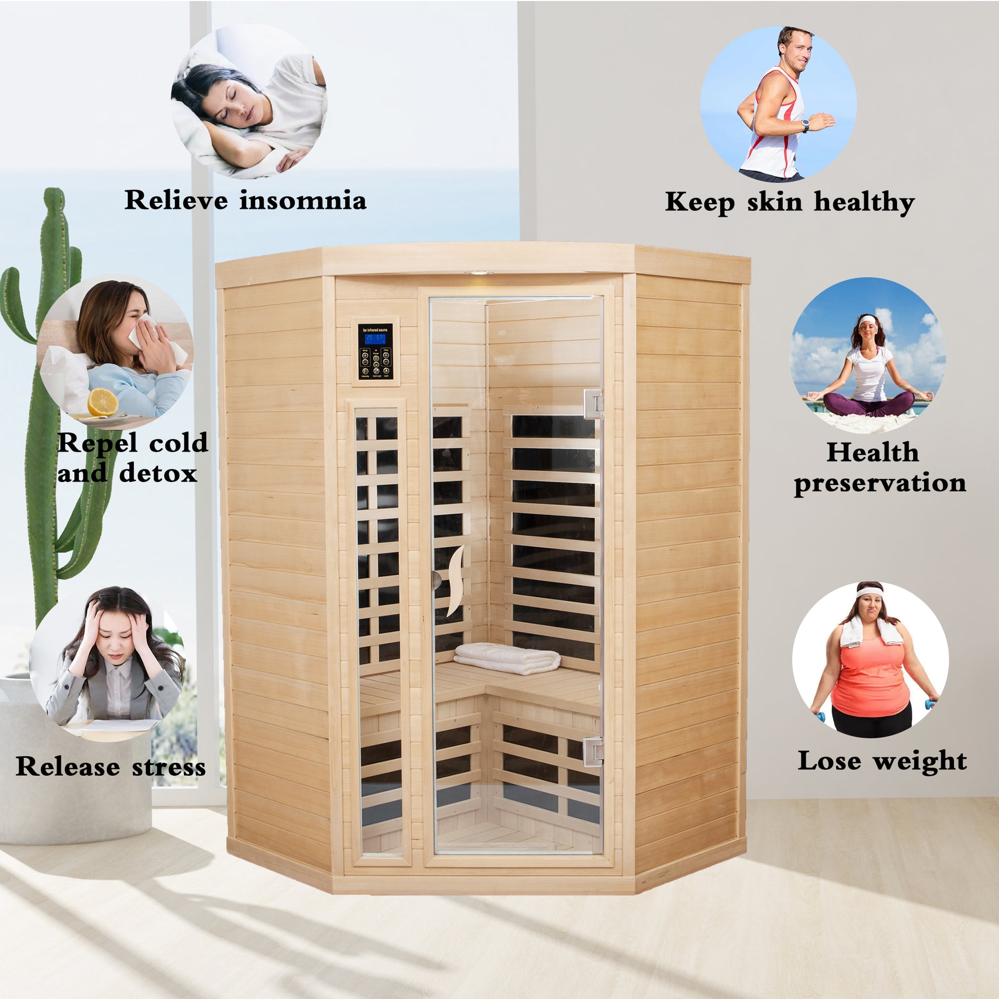 Two Persons Hemlock Far Infrared Corner Indoor Sauna Room Natural Wood Wood Stainless Steel Glass