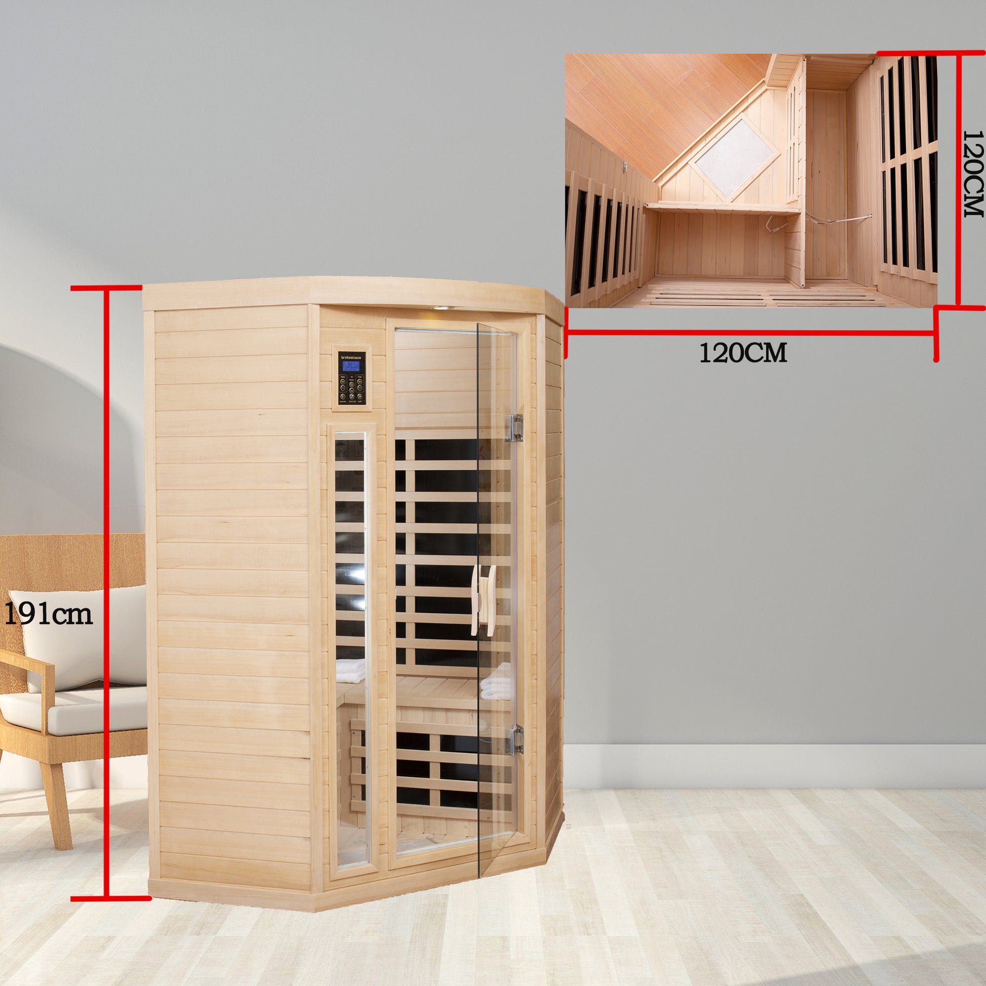 Two Persons Hemlock Far Infrared Corner Indoor Sauna Room Natural Wood Wood Stainless Steel Glass