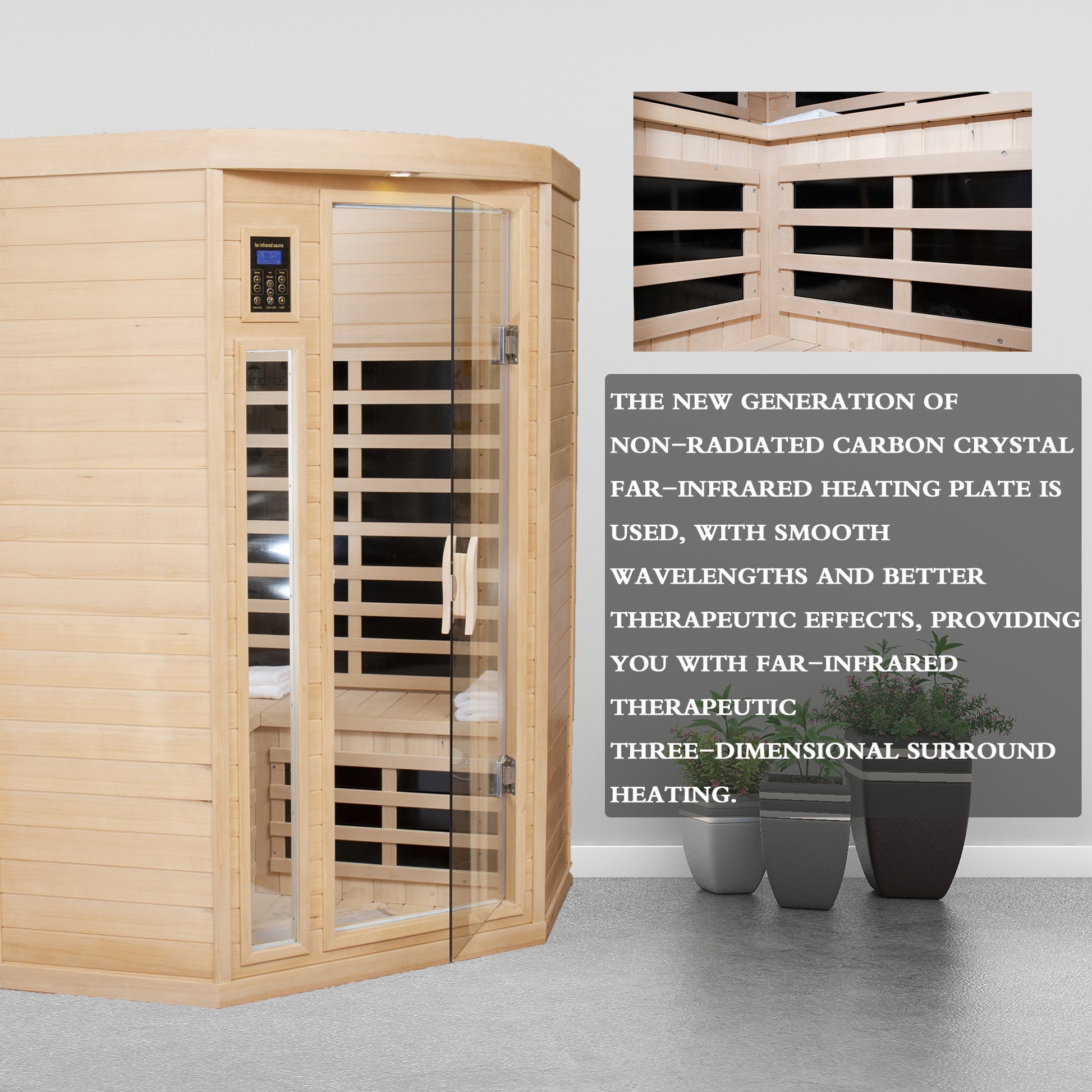 Two Persons Hemlock Far Infrared Corner Indoor Sauna Room Natural Wood Wood Stainless Steel Glass