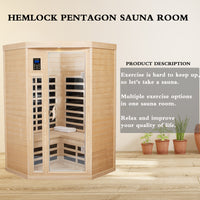 Two Persons Hemlock Far Infrared Corner Indoor Sauna Room Natural Wood Wood Stainless Steel Glass