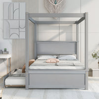 Wood Canopy Bed With Trundle Bed ,Full Size Canopy Platform Bed With Support Slats .No Box Spring Needed, Brushed Gray Gray Solid Wood
