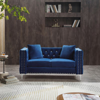 59.4 Inch Wide Blue Velvet Sofa With Jeweled Buttons,Square Arm ,2 Pillows Blue Velvet