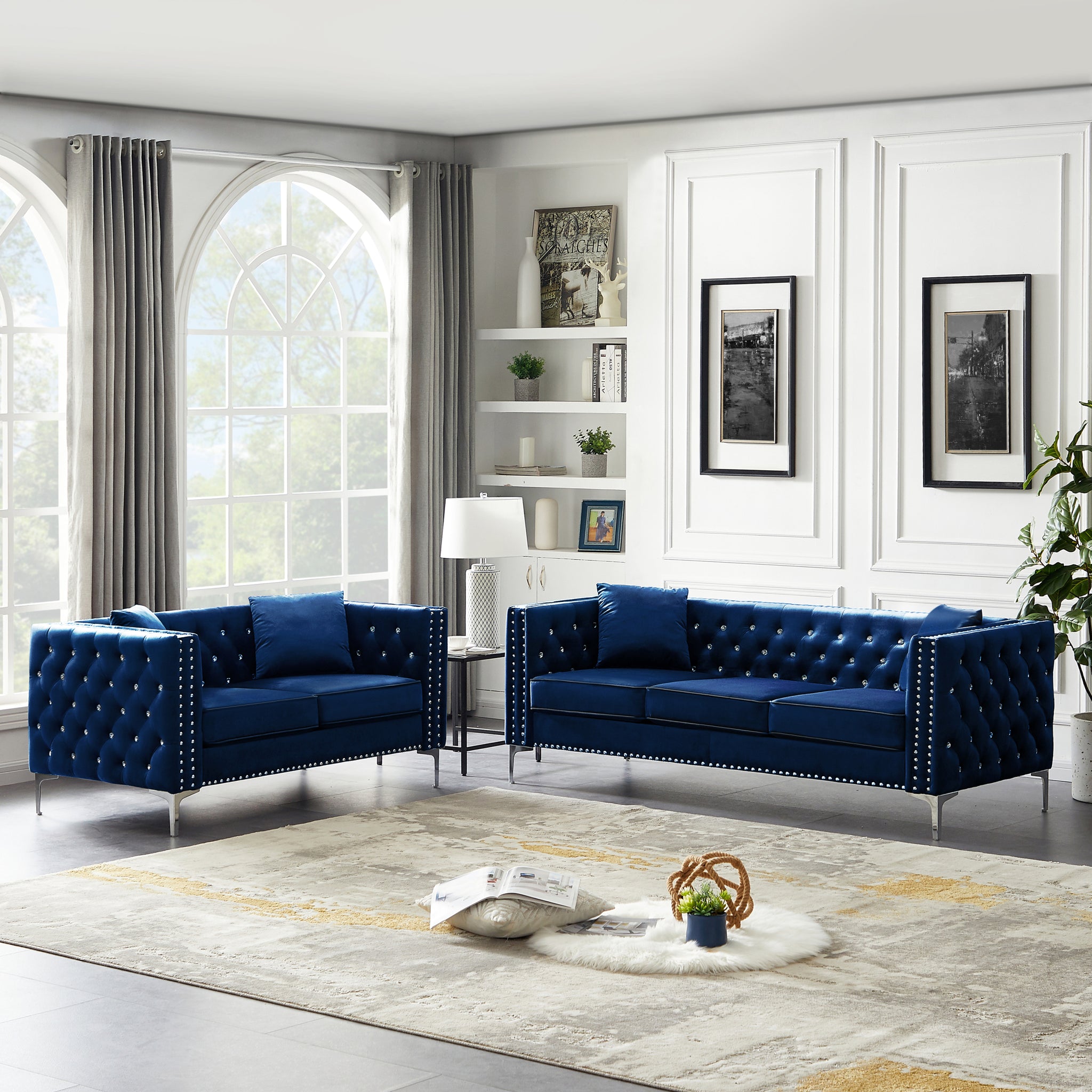 2 Piece Modern Velvet Living Room Set With Sofa And Loveseat,Jeweled Button Tufted Copper Nails Square Arms,4 Pillows Included,Blue Blue Velvet 5 Seat