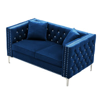 59.4 Inch Wide Blue Velvet Sofa With Jeweled Buttons,Square Arm ,2 Pillows Blue Velvet