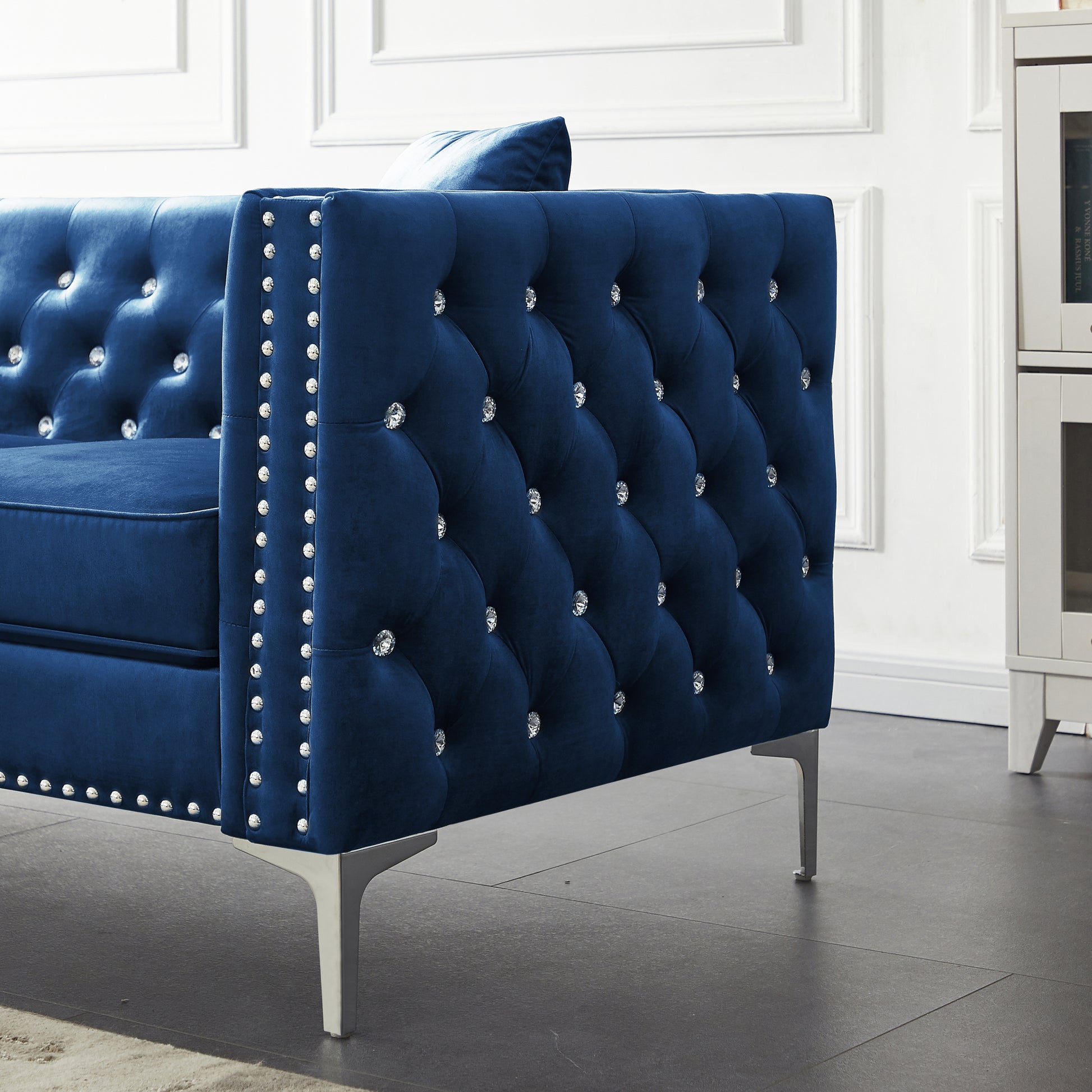 59.4 Inch Wide Blue Velvet Sofa With Jeweled Buttons,Square Arm ,2 Pillows Blue Velvet