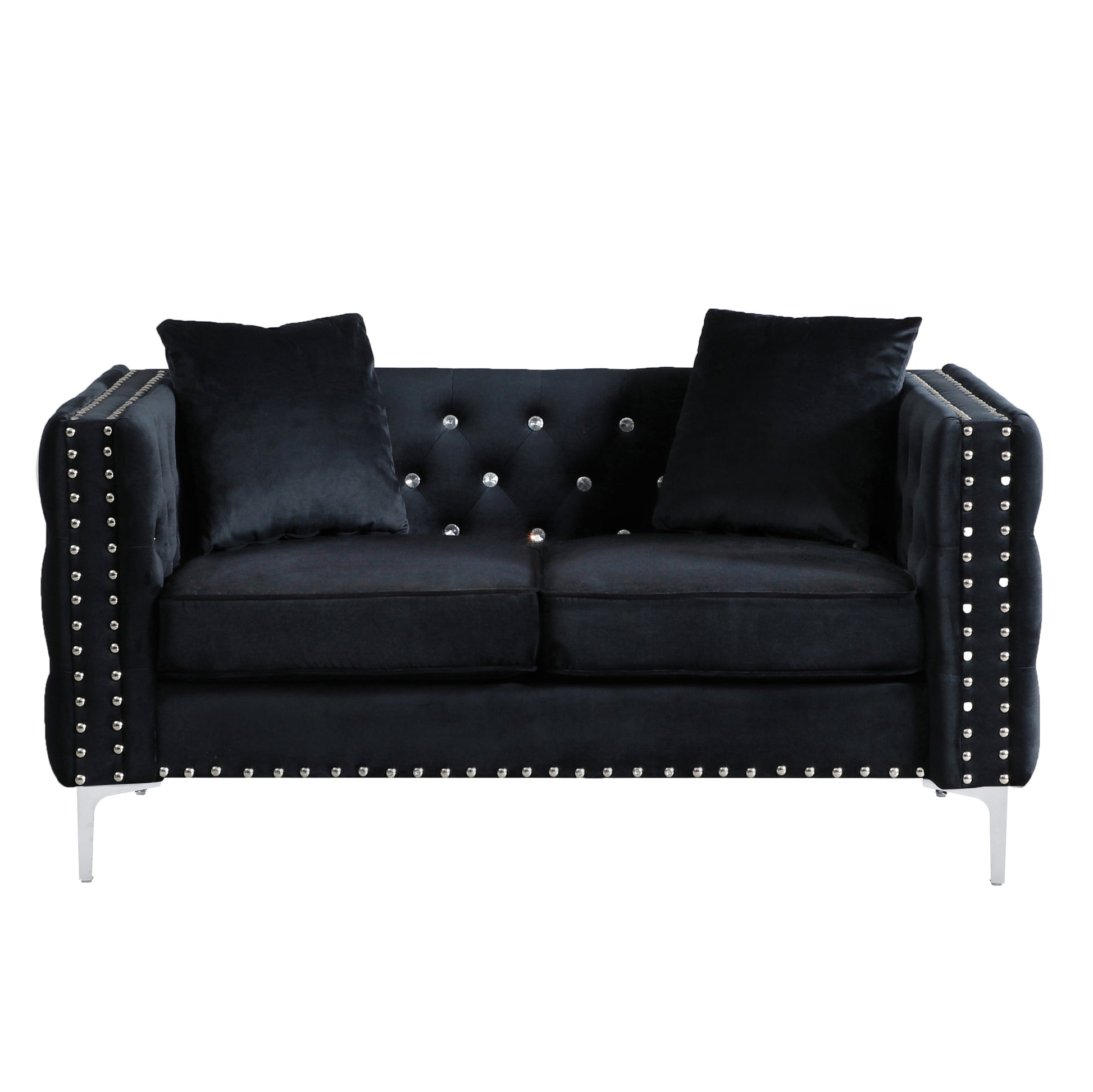 59.4 Inch Wide Black Velvet Sofa With Jeweled Buttons,Square Arm ,2 Pillows Black Velvet