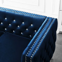 59.4 Inch Wide Blue Velvet Sofa With Jeweled Buttons,Square Arm ,2 Pillows Blue Velvet