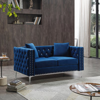 59.4 Inch Wide Blue Velvet Sofa With Jeweled Buttons,Square Arm ,2 Pillows Blue Velvet