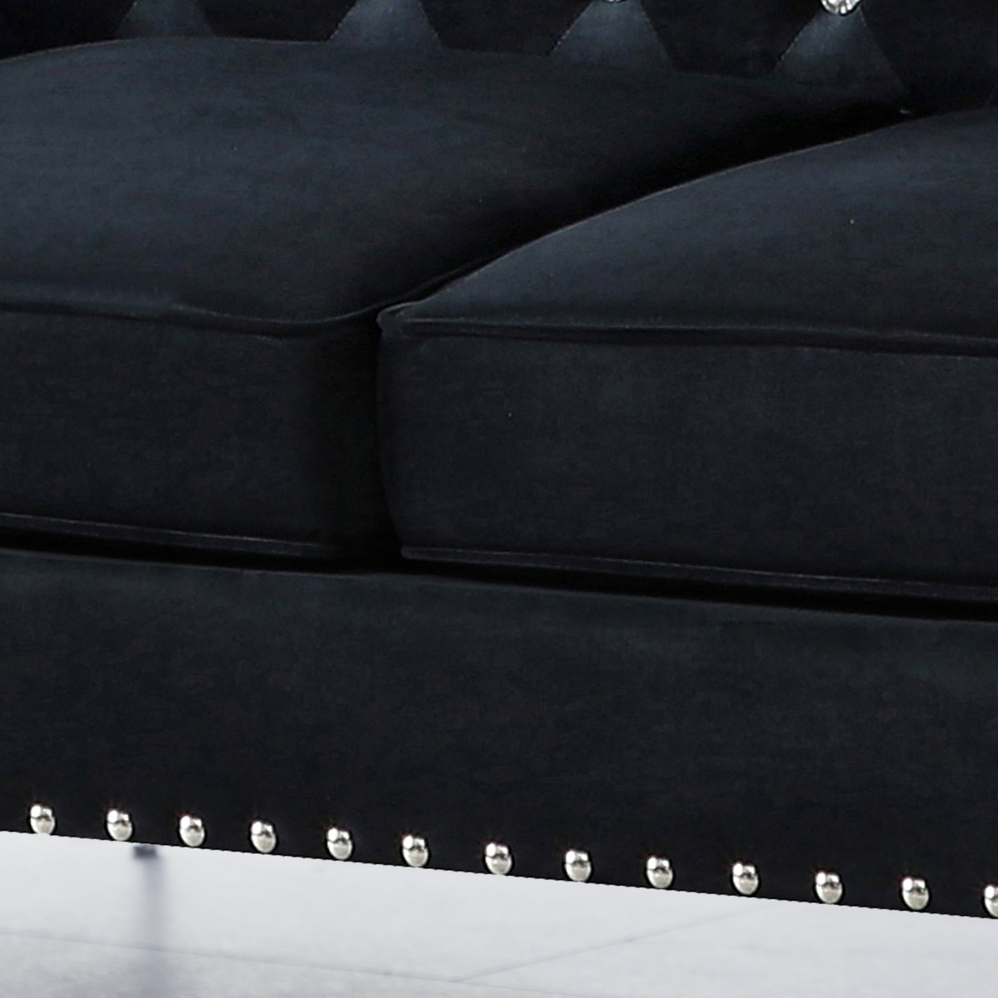 59.4 Inch Wide Black Velvet Sofa With Jeweled Buttons,Square Arm ,2 Pillows Black Velvet