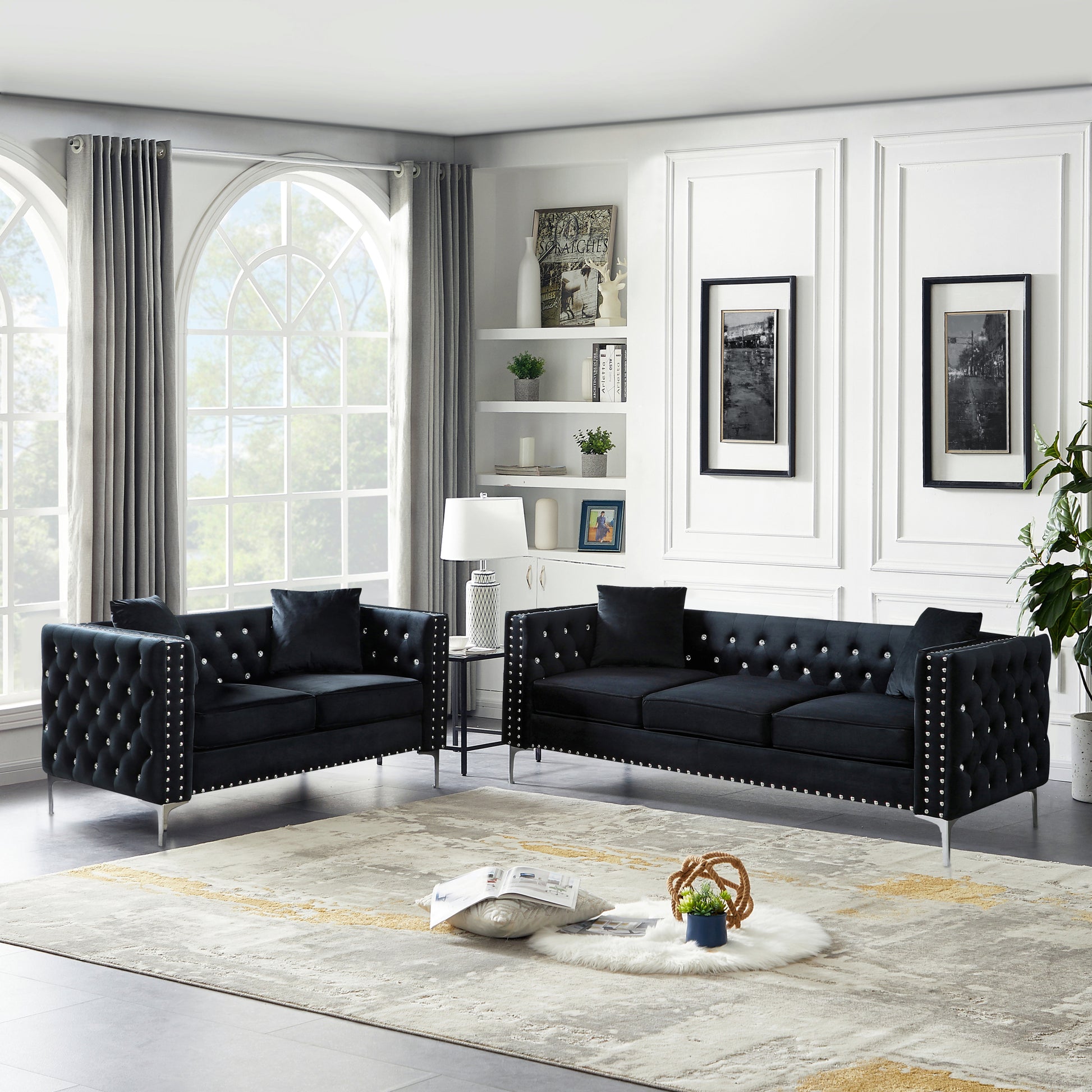 2 Piece Modern Velvet Living Room Set With Sofa And Loveseat,Jeweled Button Tufted Copper Nails Square Arms Black,4 Pillows Included Black Velvet 5 Seat