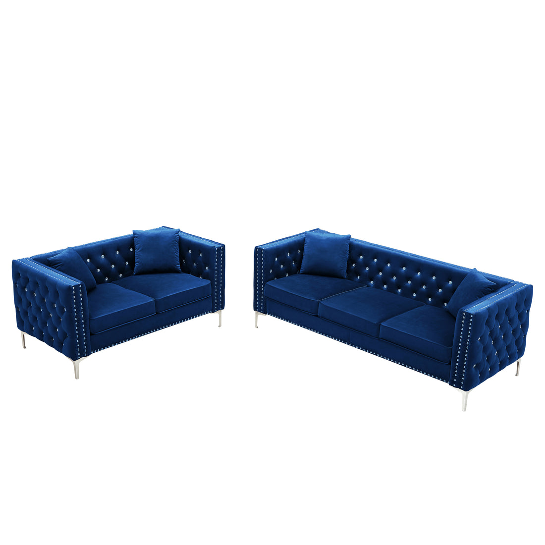 2 Piece Modern Velvet Living Room Set With Sofa And Loveseat,Jeweled Button Tufted Copper Nails Square Arms,4 Pillows Included,Blue Blue Velvet 5 Seat