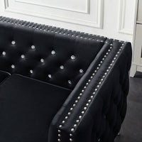 59.4 Inch Wide Black Velvet Sofa With Jeweled Buttons,Square Arm ,2 Pillows Black Velvet