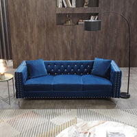 2 Piece Modern Velvet Living Room Set With Sofa And Loveseat,Jeweled Button Tufted Copper Nails Square Arms,4 Pillows Included,Blue Blue Velvet 5 Seat