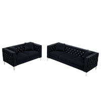 2 Piece Modern Velvet Living Room Set With Sofa And Loveseat,Jeweled Button Tufted Copper Nails Square Arms Black,4 Pillows Included Black Velvet 5 Seat