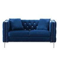 59.4 Inch Wide Blue Velvet Sofa With Jeweled Buttons,Square Arm ,2 Pillows Blue Velvet