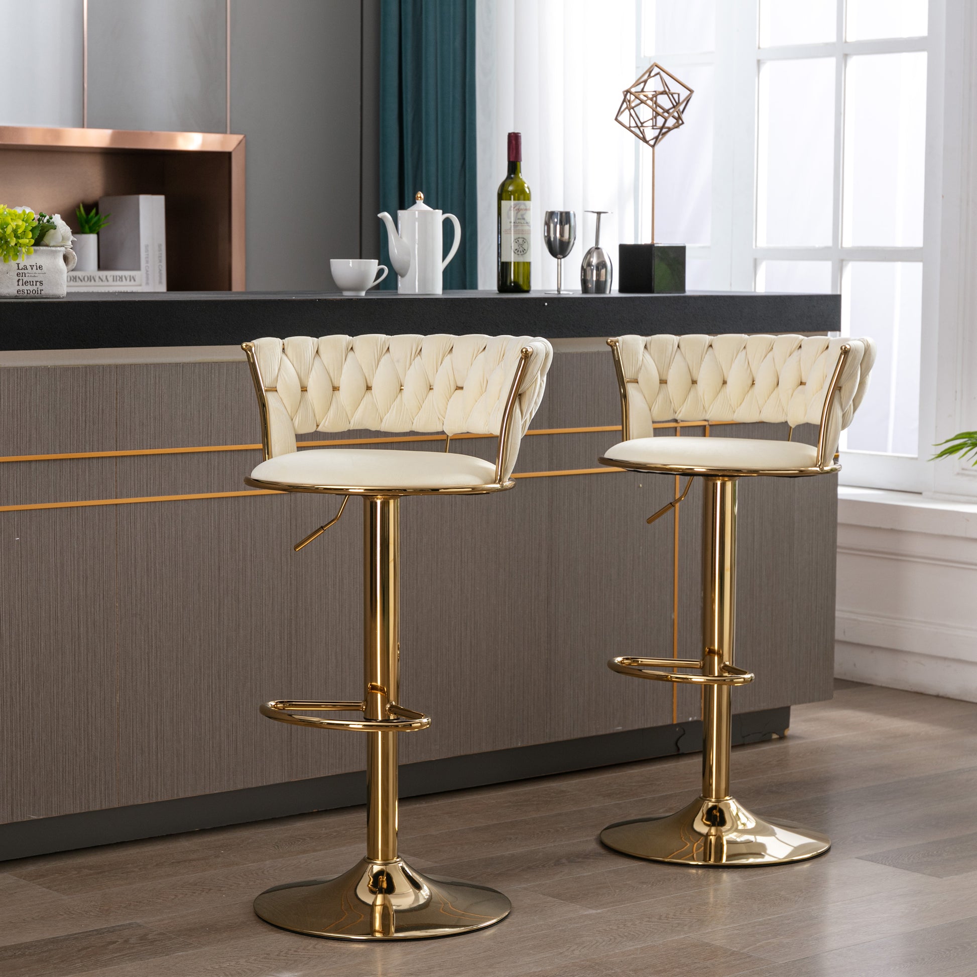 Set Of 2 Bar Stools,With Chrome Footrest And Base Swivel Height Adjustable Mechanical Lifting Velvet Golden Leg Simple Bar Stool Cream Cream Foam Fabric