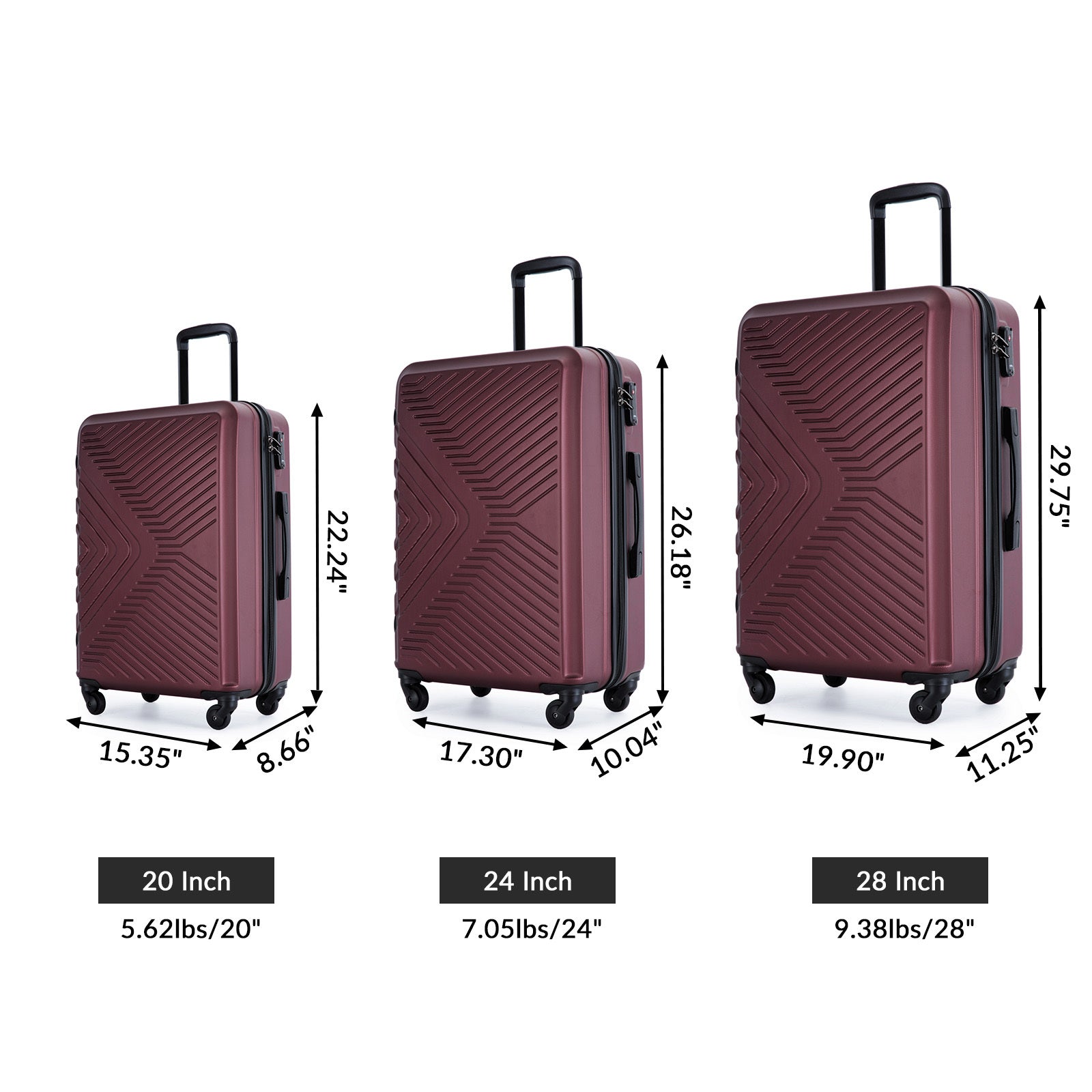 3 Piece Luggage Sets Abs Lightweight Suitcase With Two Hooks, Spinner Wheels, Tsa Lock, 20 24 28 Wine Red Red Abs