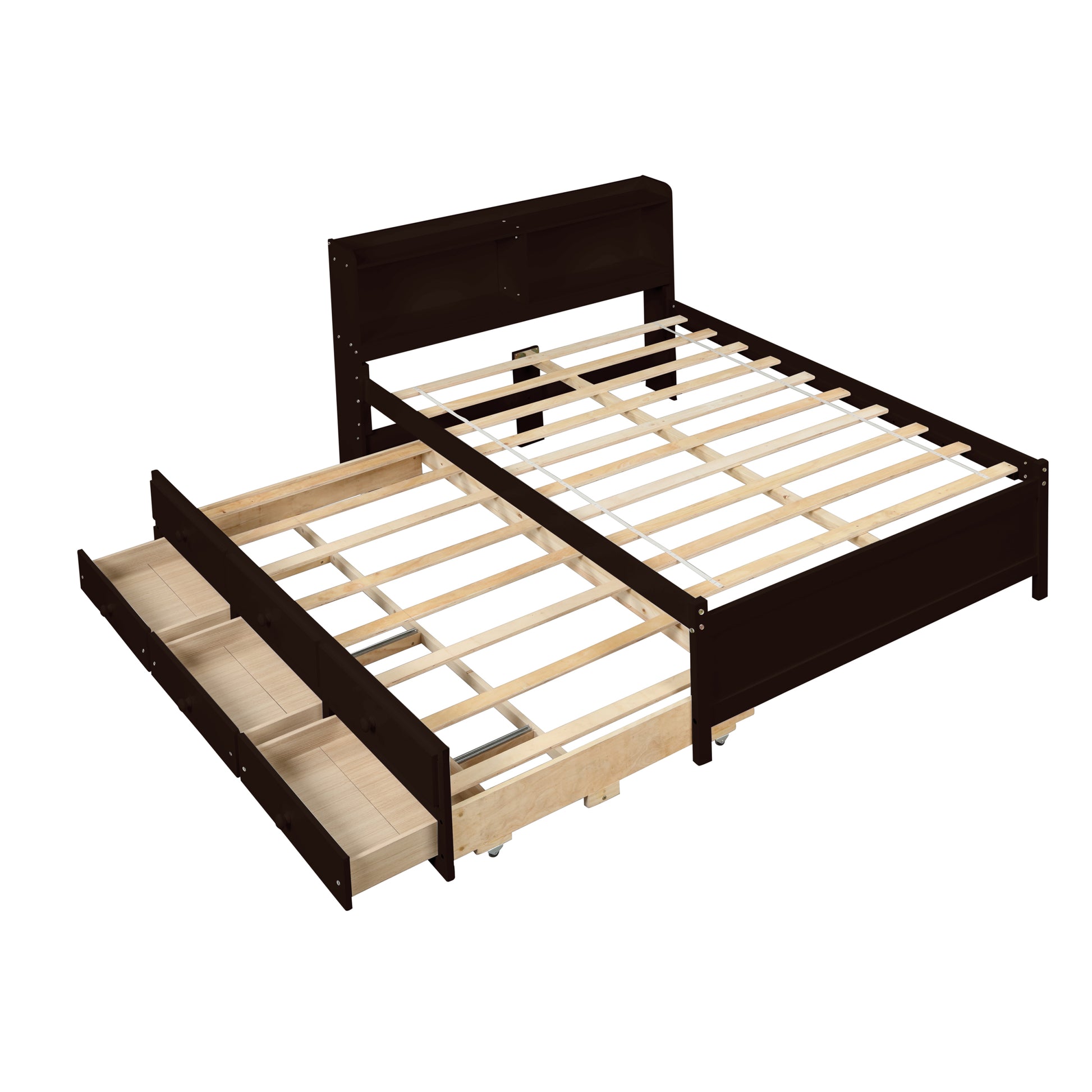 Full Bed With Bookcase,Twin Trundle,Drawers,Espresso Full Espresso Pine