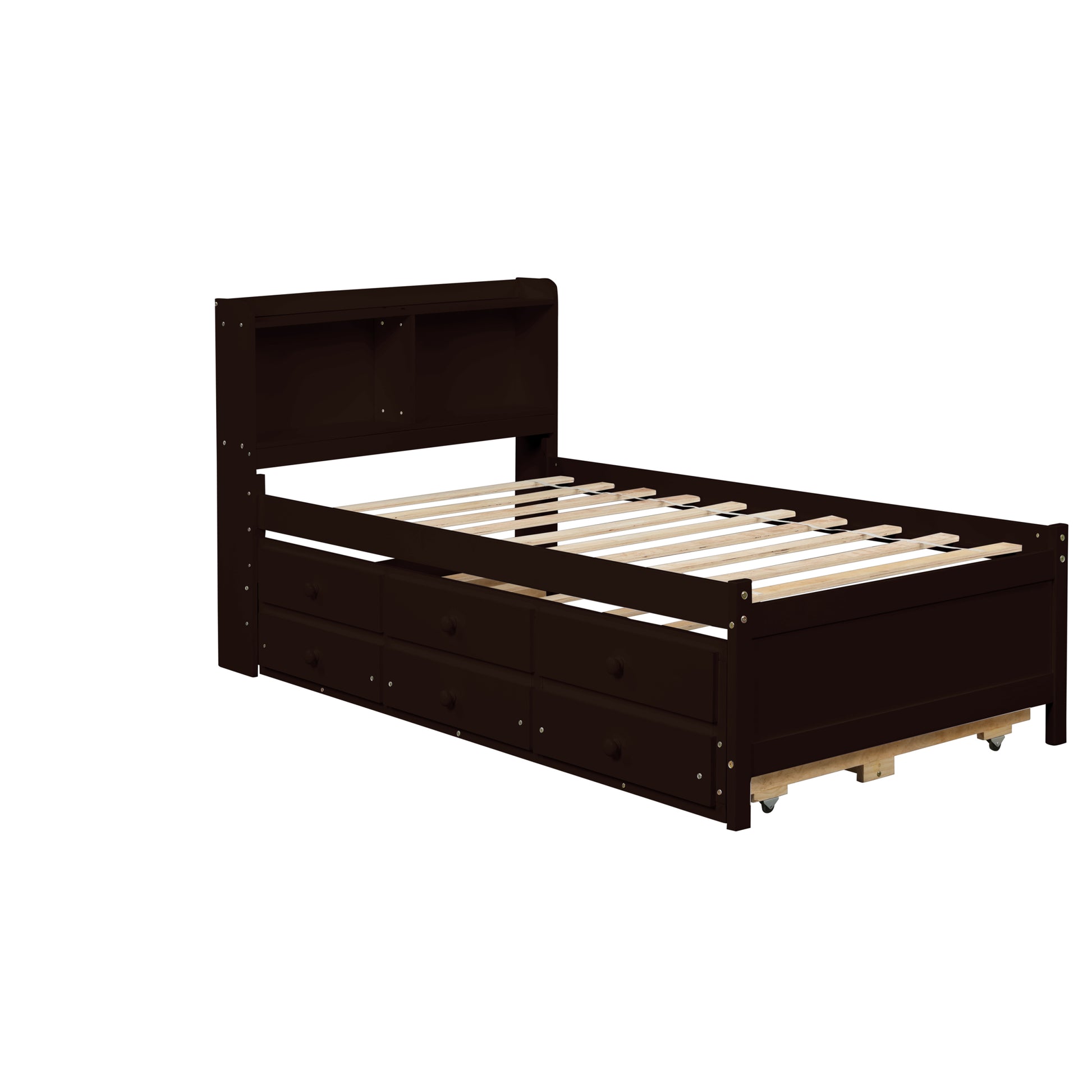 Full Bed With Bookcase,Twin Trundle,Drawers,Espresso Full Espresso Pine