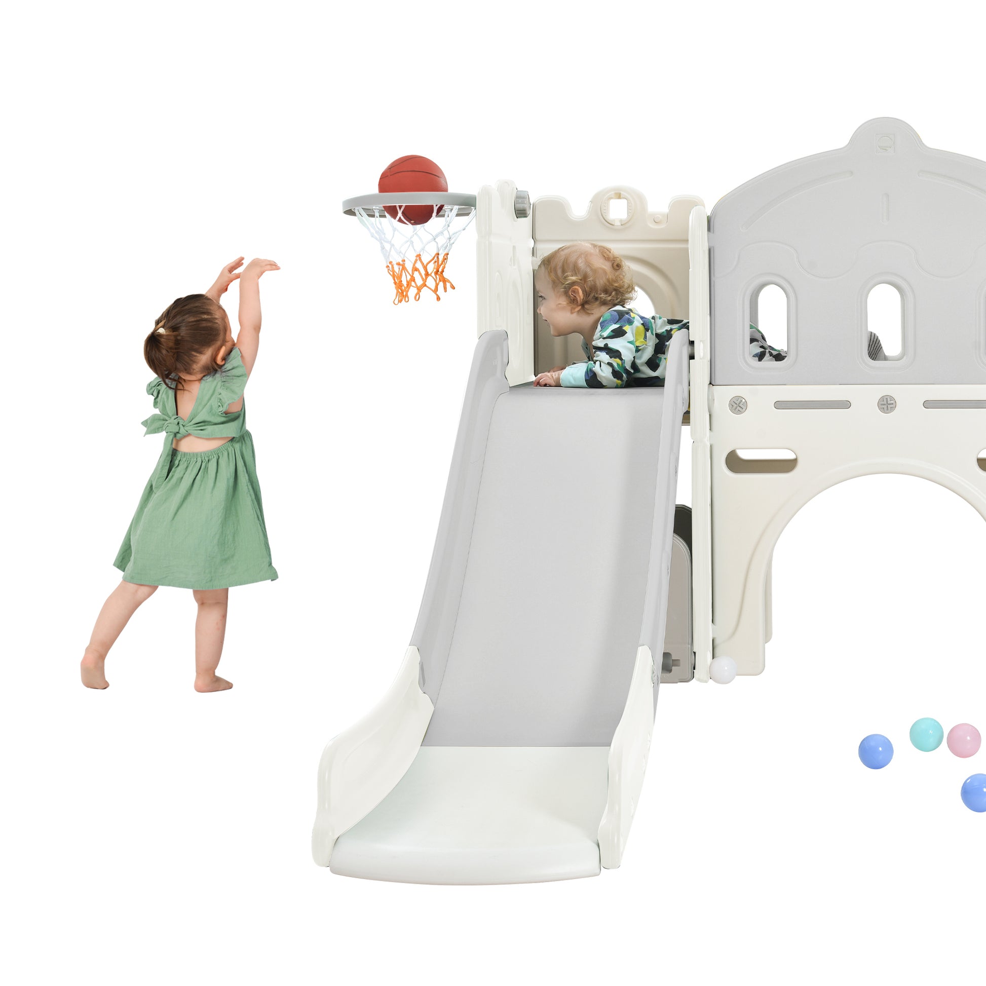 Kids Slide Playset Structure, Freestanding Castle Climber With Slide And Basketball Hoop, Toy Storage Organizer For Toddlers, Kids Climbers Playhouse For Indoor Outdoor Playground Activity White Hdpe