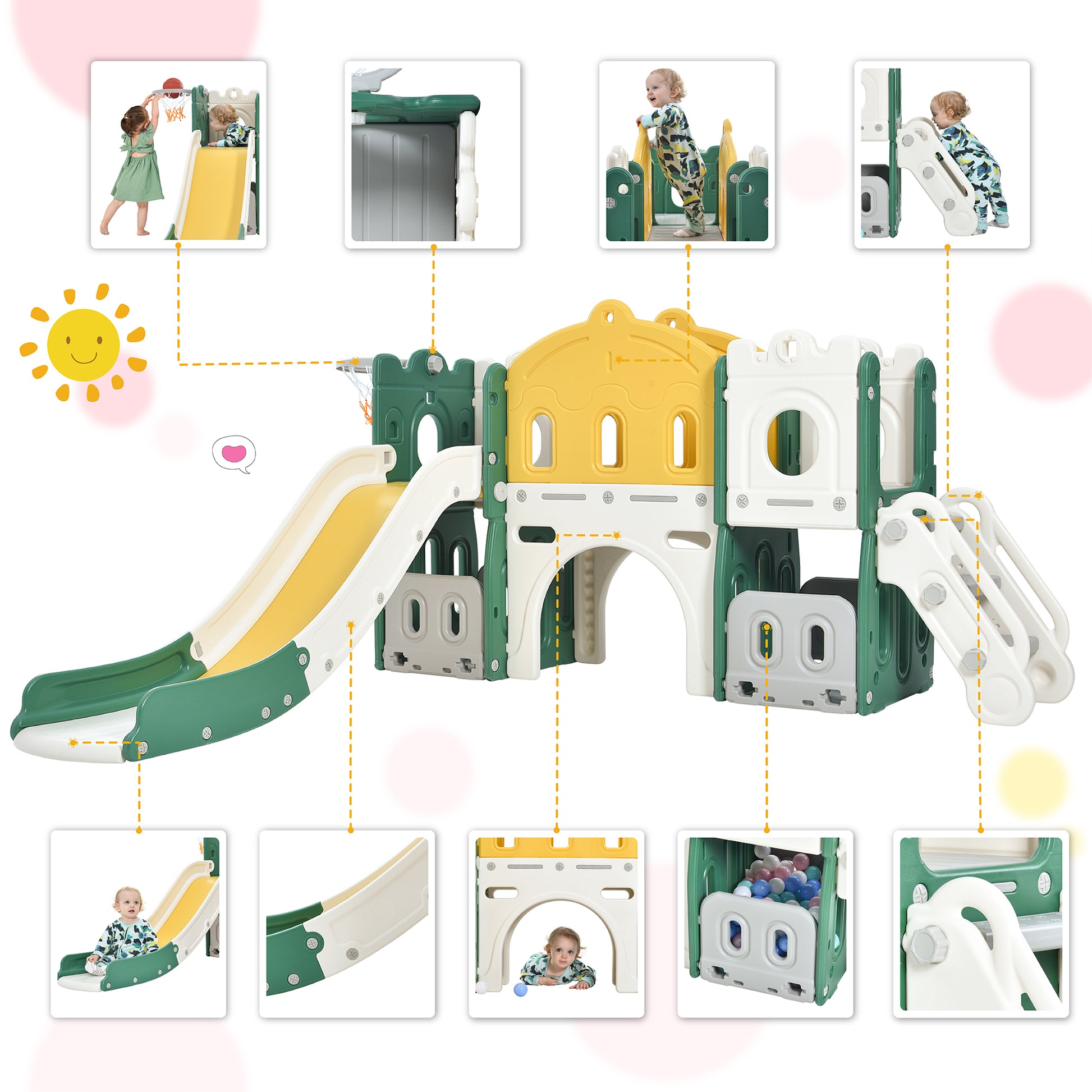 Kids Slide Playset Structure, Freestanding Castle Climber With Slide And Basketball Hoop, Toy Storage Organizer For Toddlers, Kids Climbers Playhouse For Indoor Outdoor Playground Activity Green Hdpe