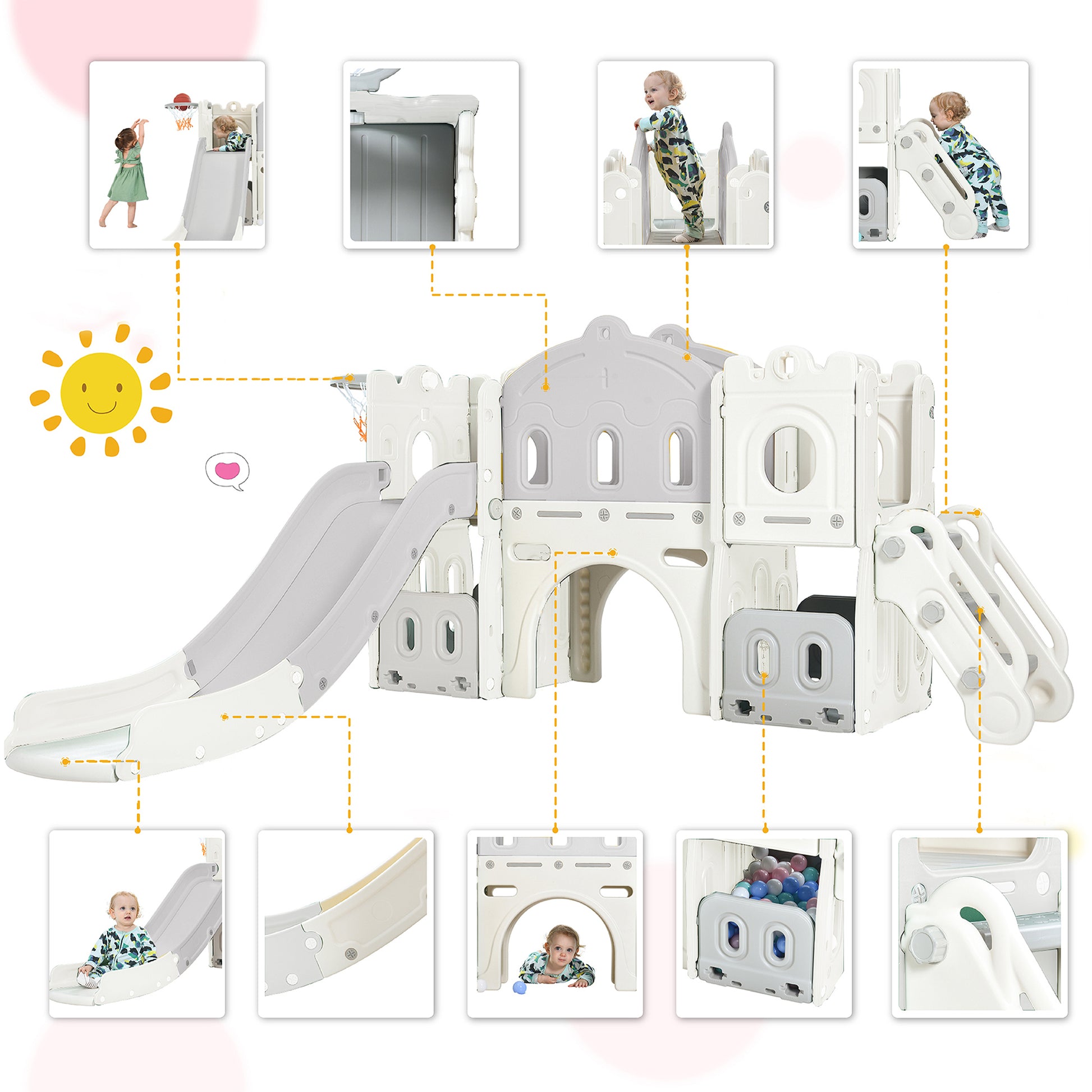 Kids Slide Playset Structure, Freestanding Castle Climber With Slide And Basketball Hoop, Toy Storage Organizer For Toddlers, Kids Climbers Playhouse For Indoor Outdoor Playground Activity White Hdpe