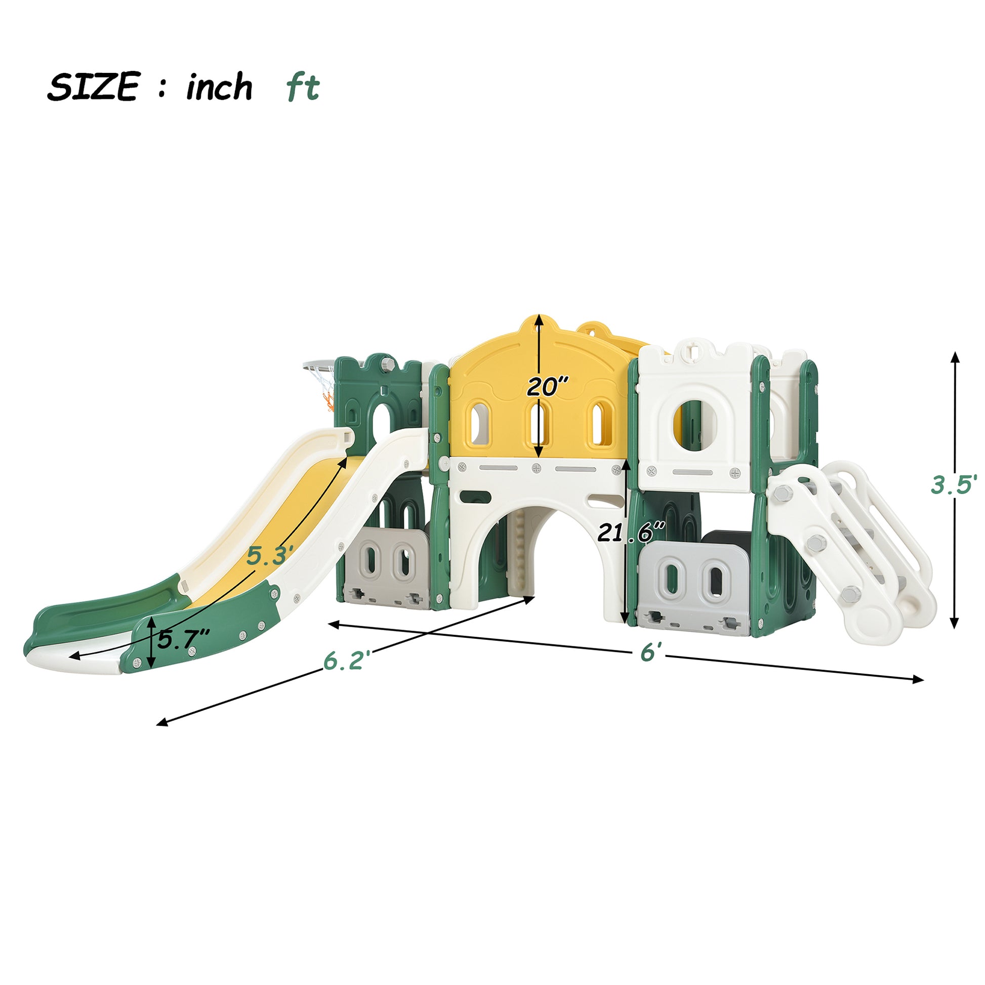 Kids Slide Playset Structure, Freestanding Castle Climber With Slide And Basketball Hoop, Toy Storage Organizer For Toddlers, Kids Climbers Playhouse For Indoor Outdoor Playground Activity Green Hdpe