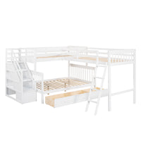 Twin Over Full L Shaped Bunk Bed With 3 Drawers, Ladder And Staircase White White Solid Wood