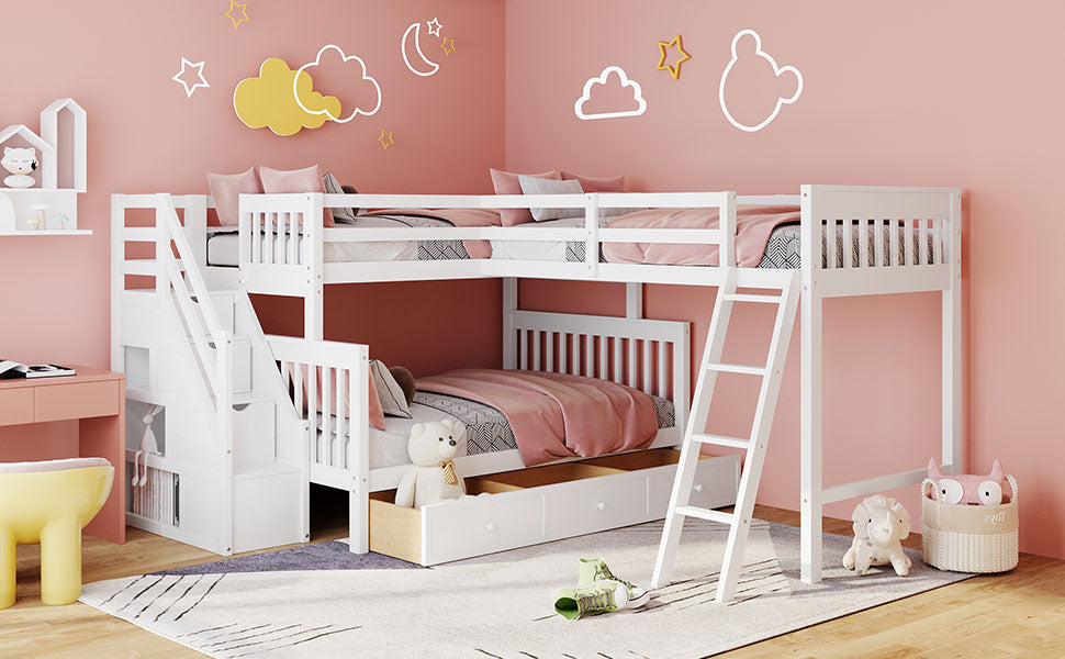 Twin Over Full L Shaped Bunk Bed With 3 Drawers, Ladder And Staircase White White Solid Wood