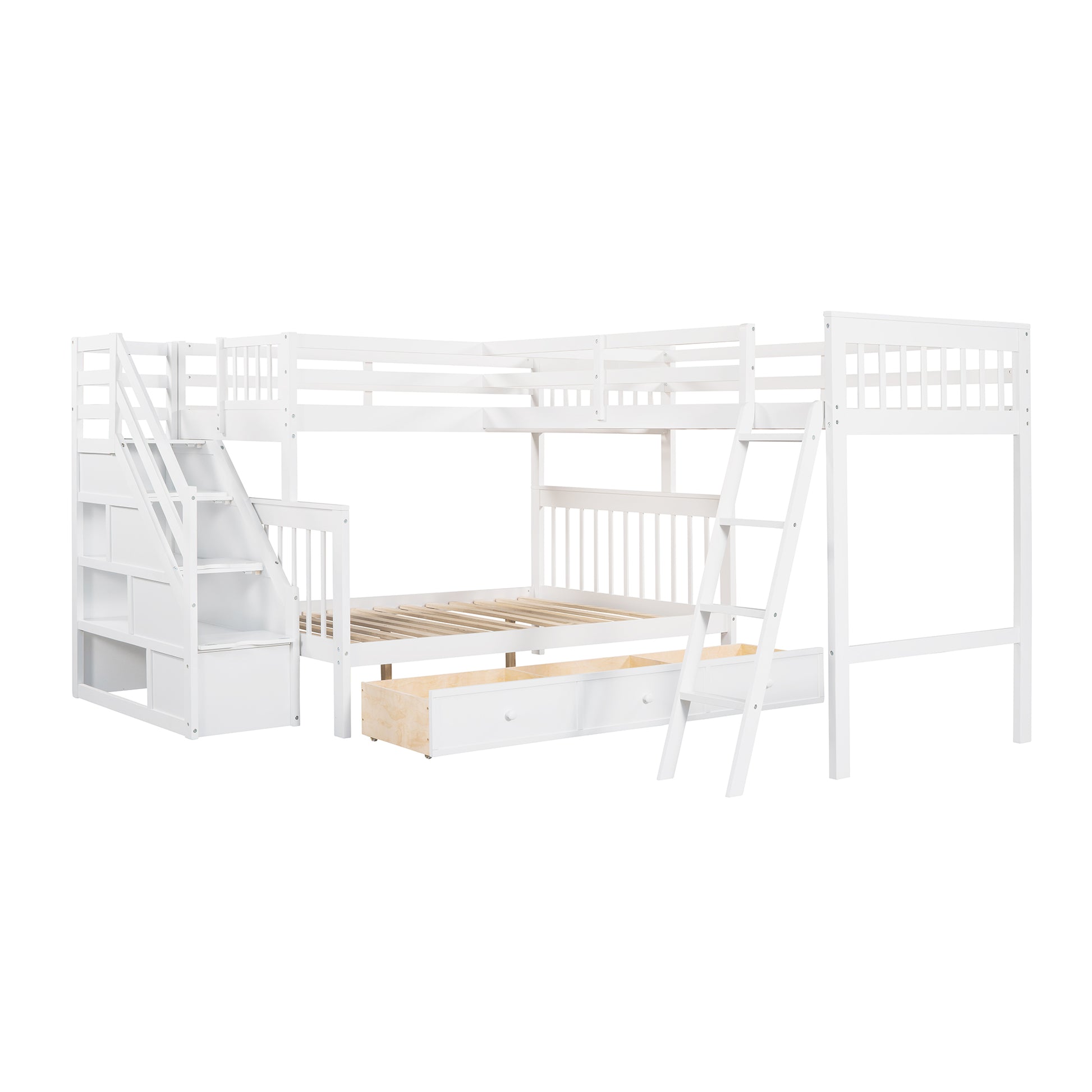 Twin Over Full L Shaped Bunk Bed With 3 Drawers, Ladder And Staircase White White Solid Wood