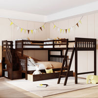 Twin Over Full L Shaped Bunk Bed With 3 Drawers, Ladder And Staircase Espresso Espresso Solid Wood