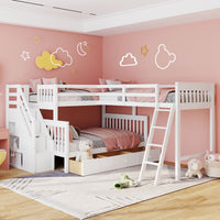 Twin Over Full L Shaped Bunk Bed With 3 Drawers, Ladder And Staircase White White Solid Wood