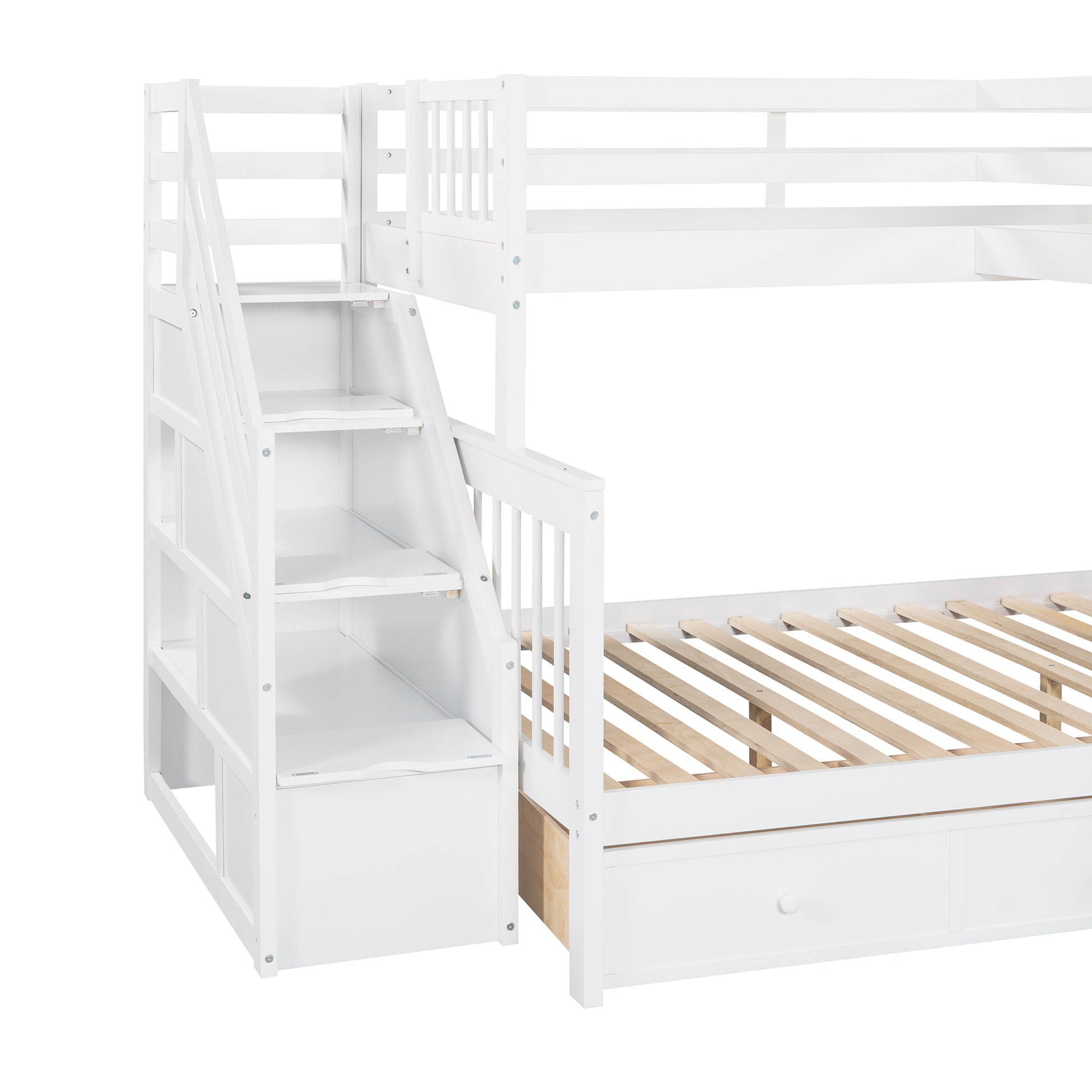 Twin Over Full L Shaped Bunk Bed With 3 Drawers, Ladder And Staircase White White Solid Wood