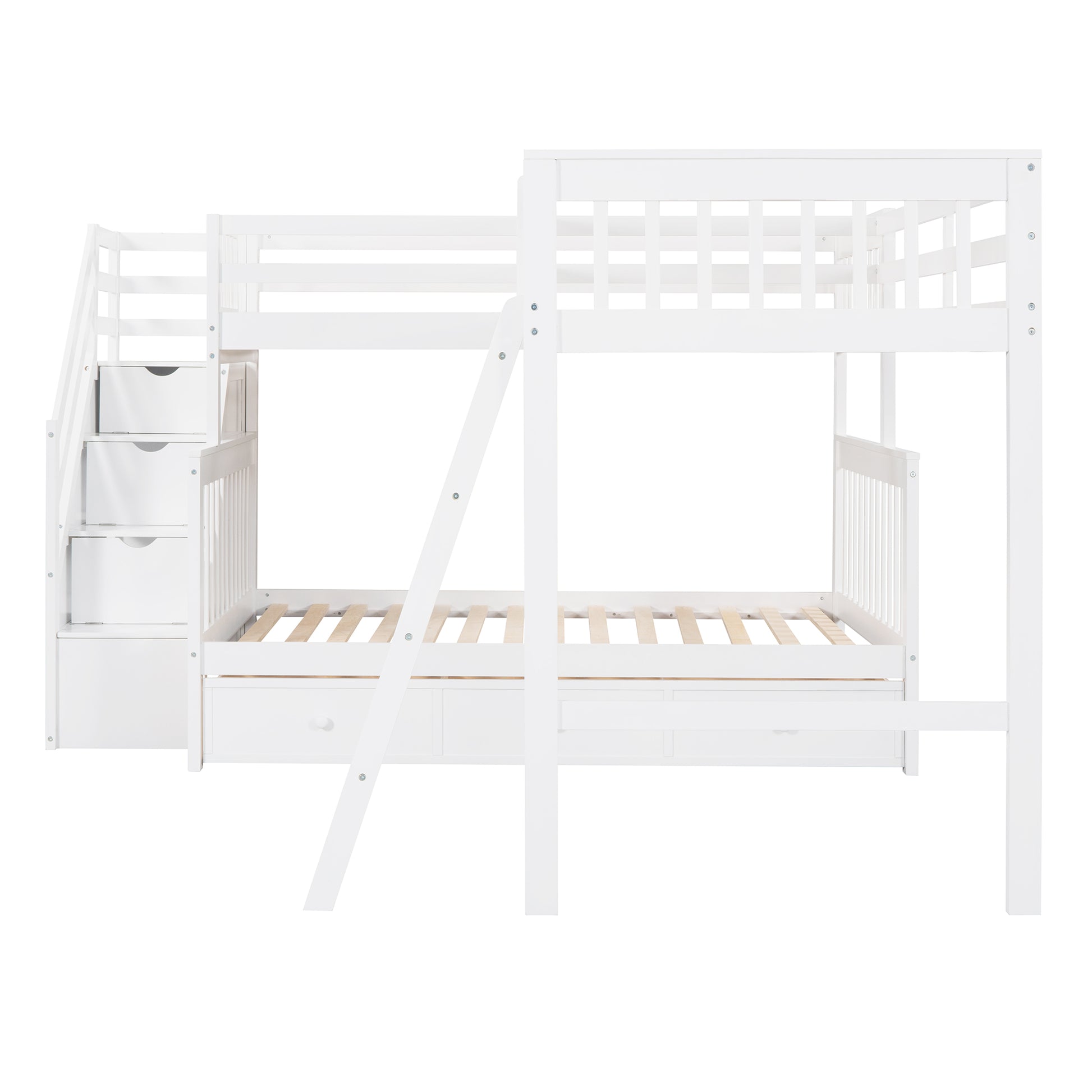 Twin Over Full L Shaped Bunk Bed With 3 Drawers, Ladder And Staircase White White Solid Wood