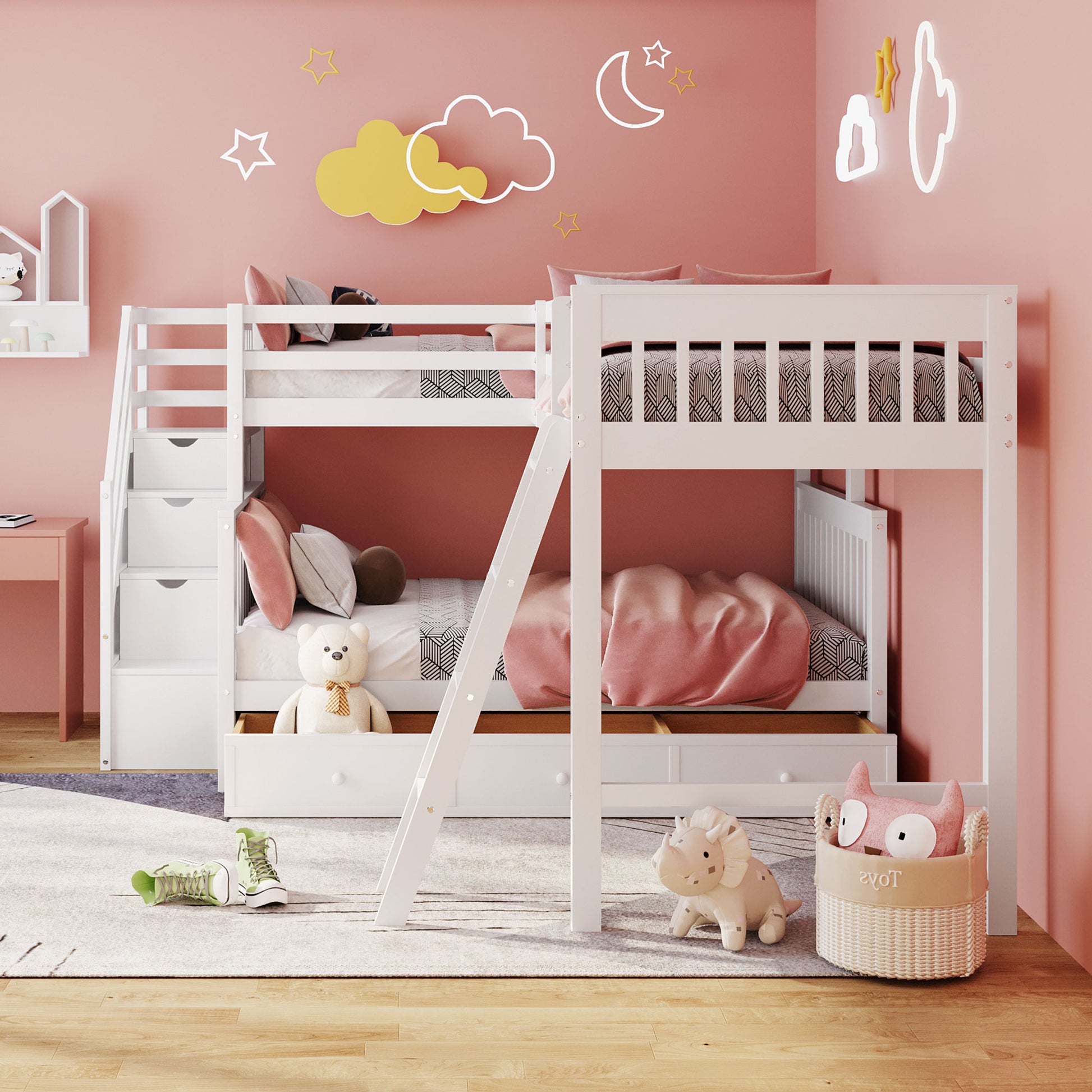 Twin Over Full L Shaped Bunk Bed With 3 Drawers, Ladder And Staircase White White Solid Wood