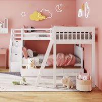 Twin Over Full L Shaped Bunk Bed With 3 Drawers, Ladder And Staircase White White Solid Wood