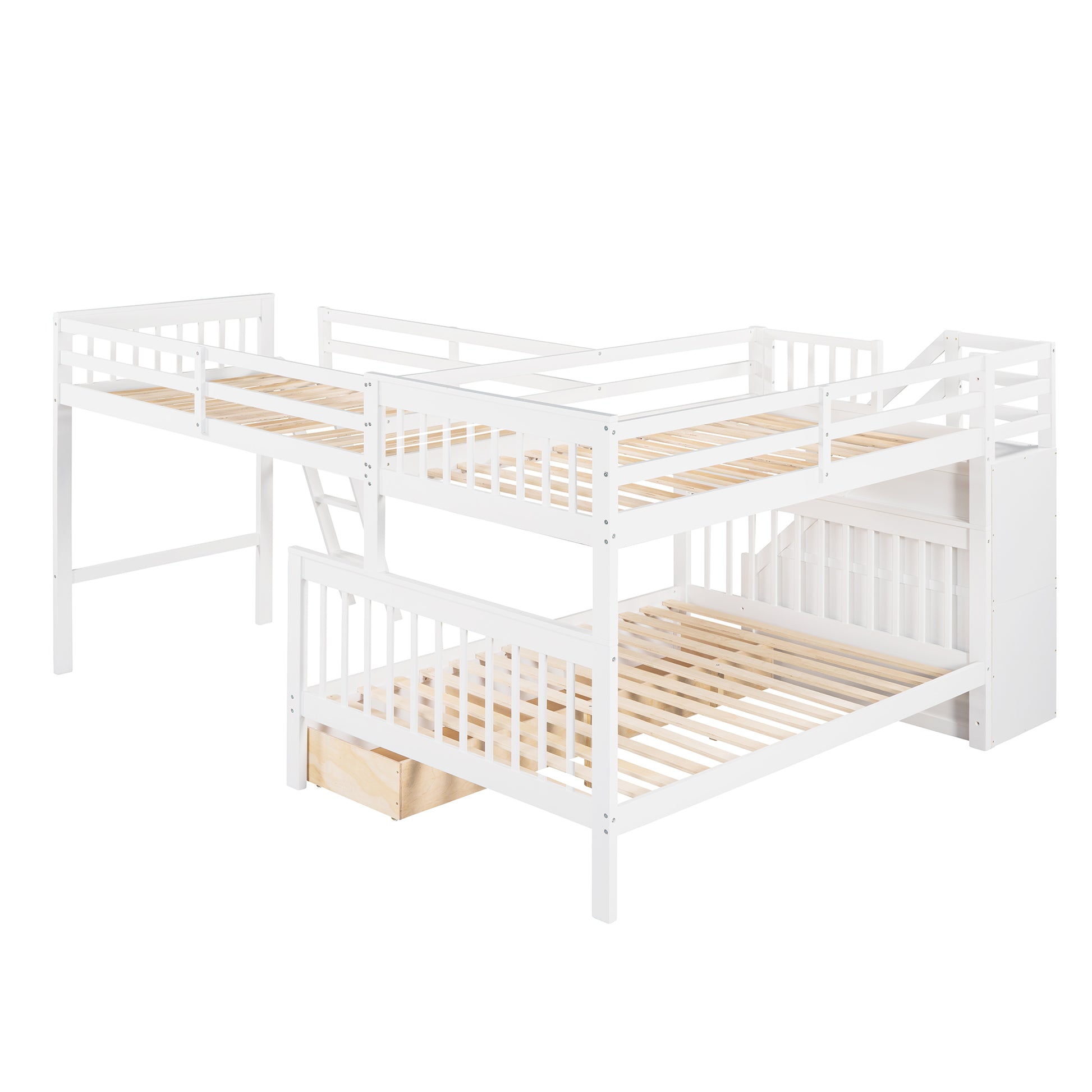 Twin Over Full L Shaped Bunk Bed With 3 Drawers, Ladder And Staircase White White Solid Wood