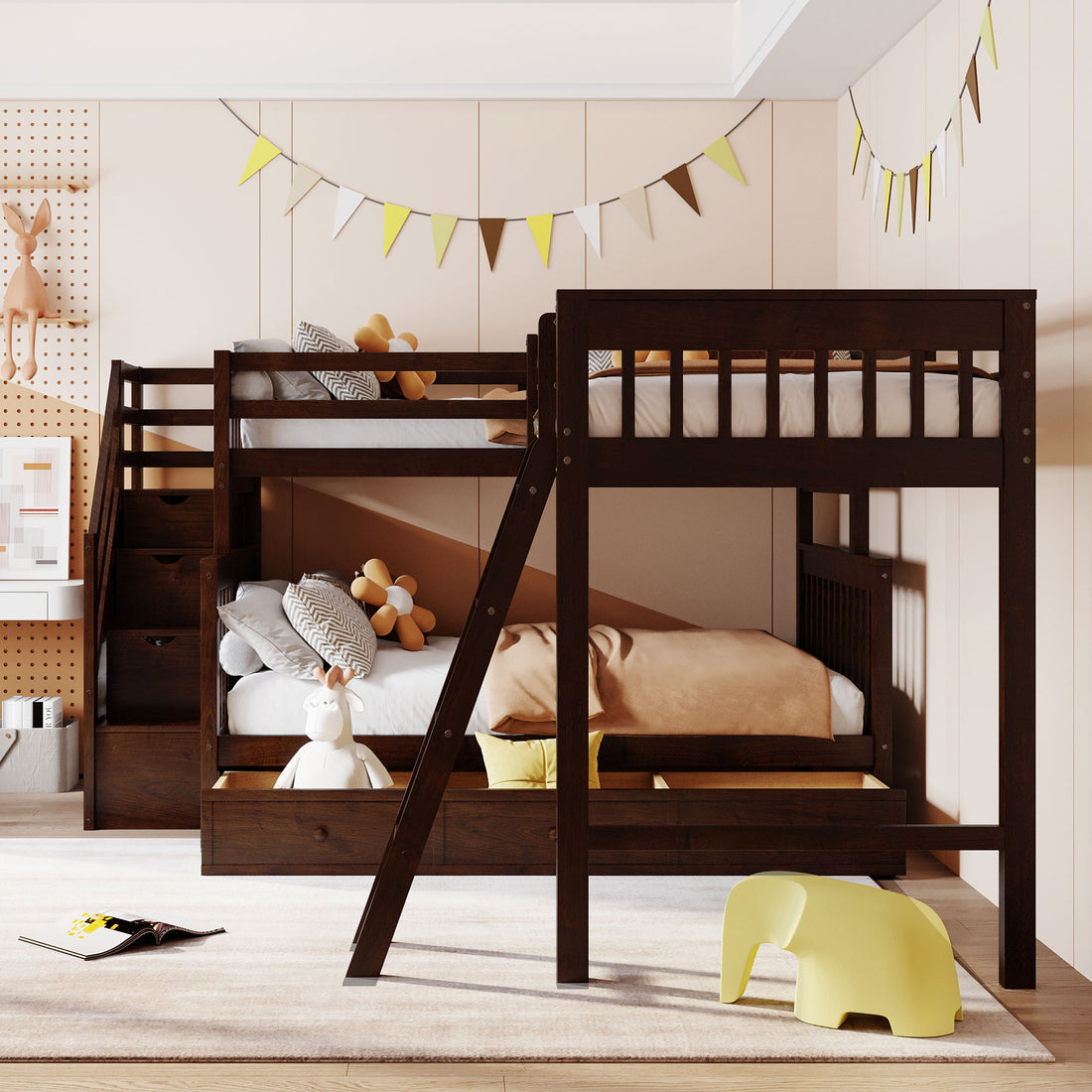 Twin Over Full L Shaped Bunk Bed With 3 Drawers, Ladder And Staircase Espresso Espresso Solid Wood