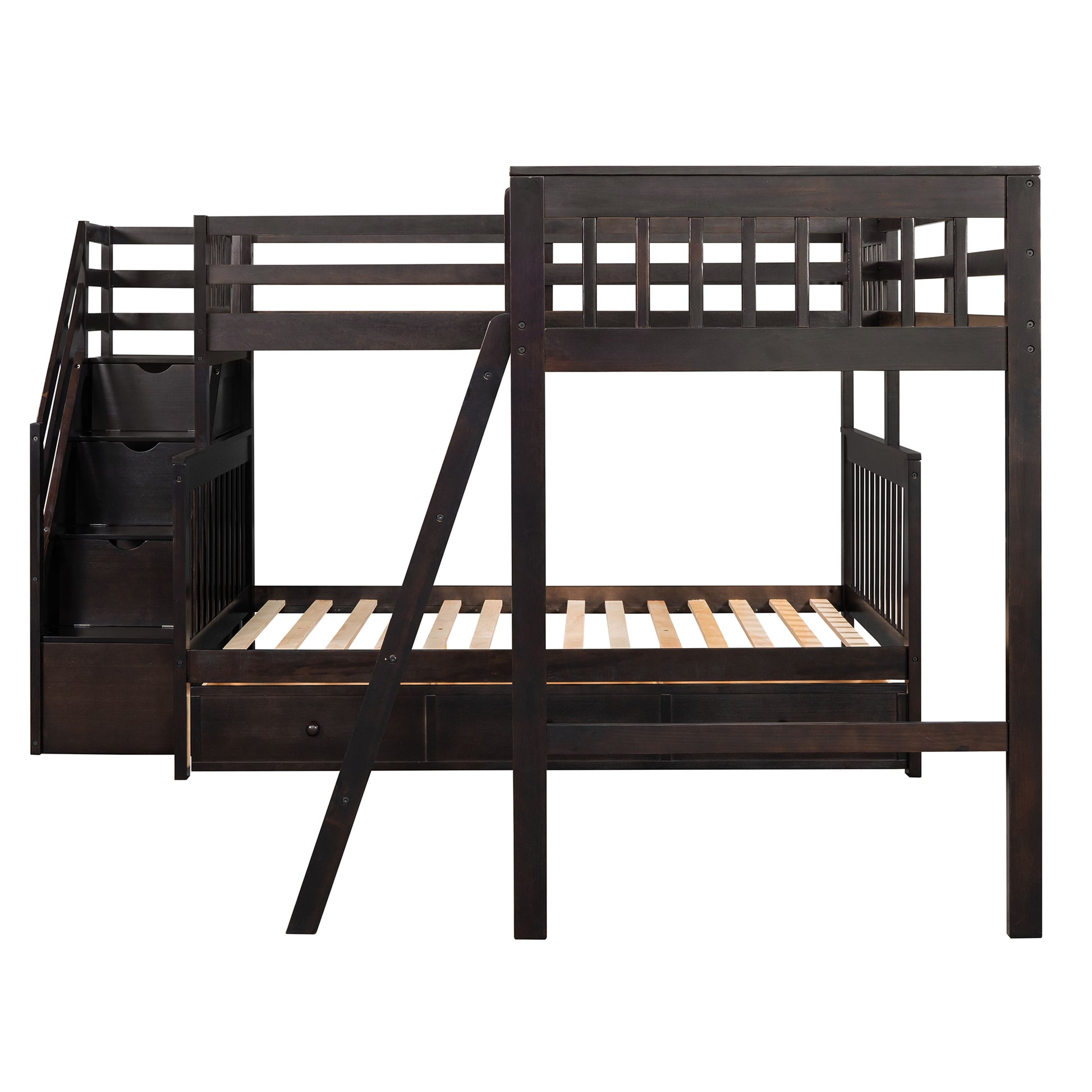 Twin Over Full L Shaped Bunk Bed With 3 Drawers, Ladder And Staircase Espresso Espresso Solid Wood