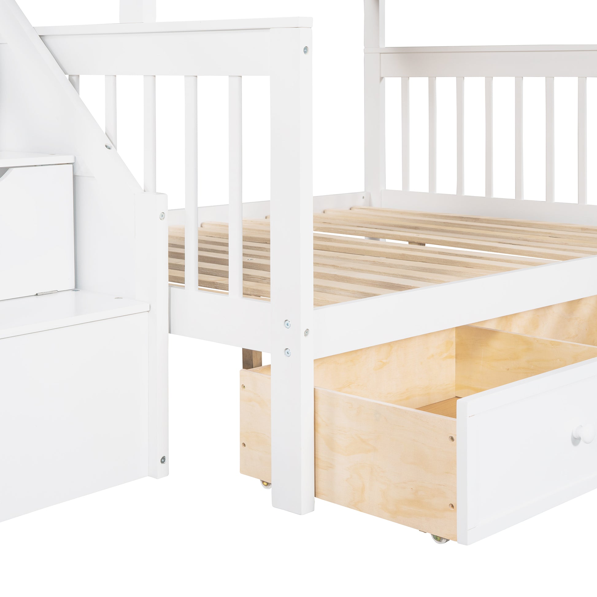 Twin Over Full L Shaped Bunk Bed With 3 Drawers, Ladder And Staircase White White Solid Wood