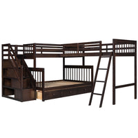 Twin Over Full L Shaped Bunk Bed With 3 Drawers, Ladder And Staircase Espresso Espresso Solid Wood