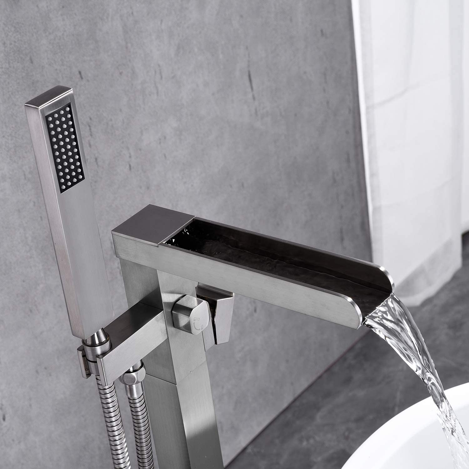 Bathroom Freestanding Waterfall Tub Filler Brushed Nickel Floor Mount Faucet With Hand Shower Brushed Nickel Stainless Steel