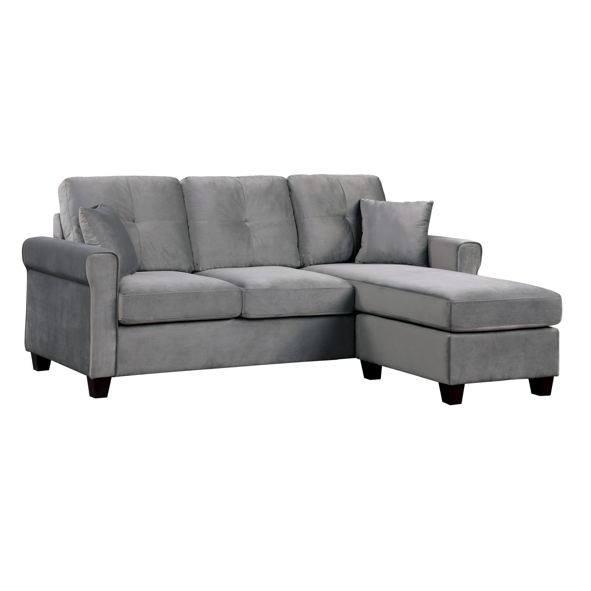 Reversible Configuration 1Pc Sectional Sofa With 2 Pillows Gray Velvet Fabric Upholstered Tufted Back Living Room Furniture Gray Primary Living Space Solid Wood