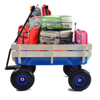Outdoor Wagon All Terrain Pulling Wood Railing Air Tires Garden Cart Blue Steel