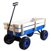 Outdoor Wagon All Terrain Pulling Wood Railing Air Tires Garden Cart Blue Steel