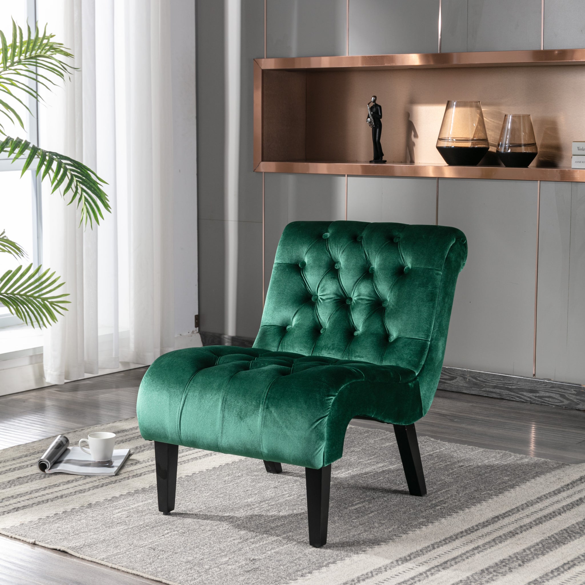 Coolmore Modern Velvet Armless Accent Living Room Chair Leisure Chair,Upholstered Fabric Button Comfortable Chair With Wooden Legs For Bedroom, Living Room, Office Green Velvet Green Foam Velvet