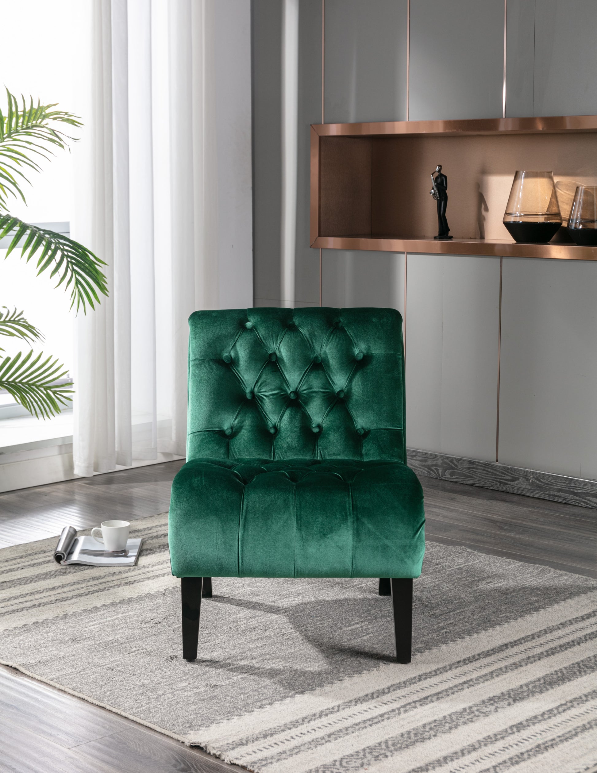 Coolmore Modern Velvet Armless Accent Living Room Chair Leisure Chair,Upholstered Fabric Button Comfortable Chair With Wooden Legs For Bedroom, Living Room, Office Green Velvet Green Foam Velvet